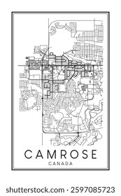Hand drawn printable downtown road map poster of the Canadian city of CAMROSE on solid white background with city name