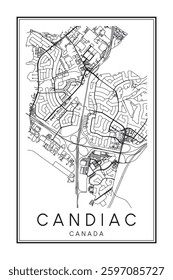 Hand drawn printable downtown road map poster of the Canadian city of CANDIAC on solid white background with city name