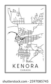 Hand drawn printable downtown road map poster of the Canadian city of KENORA on solid white background with city name