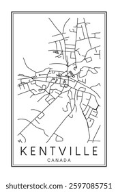 Hand drawn printable downtown road map poster of the Canadian city of KENTVILLE on solid white background with city name