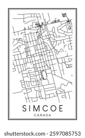 Hand drawn printable downtown road map poster of the Canadian city of SIMCOE on solid white background with city name