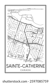 Hand drawn printable downtown road map poster of the Canadian city of SAINTE-CATHERINE on solid white background with city name
