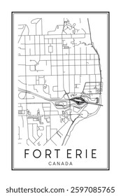 Hand drawn printable downtown road map poster of the Canadian city of FORT ERIE on solid white background with city name