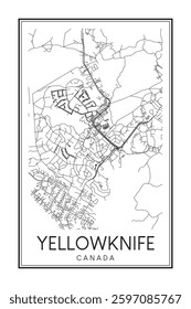 Hand drawn printable downtown road map poster of the Canadian city of YELLOWKNIFE on solid white background with city name