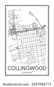 Hand drawn printable downtown road map poster of the Canadian city of COLLINGWOOD on solid white background with city name