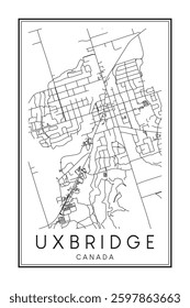 Hand drawn printable downtown road map poster of the Canadian city of UXBRIDGE on solid white background with city name