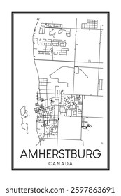 Hand drawn printable downtown road map poster of the Canadian city of AMHERSTBURG on solid white background with city name