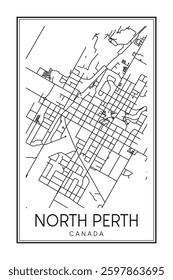 Hand drawn printable downtown road map poster of the Canadian city of NORTH PERTH on solid white background with city name