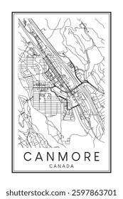 Hand drawn printable downtown road map poster of the Canadian city of CANMORE on solid white background with city name