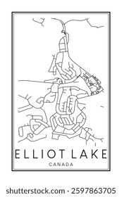 Hand drawn printable downtown road map poster of the Canadian city of ELLIOT LAKE on solid white background with city name