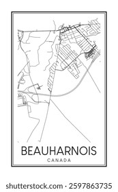 Hand drawn printable downtown road map poster of the Canadian city of BEAUHARNOIS on solid white background with city name