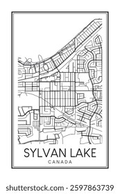 Hand drawn printable downtown road map poster of the Canadian city of SYLVAN LAKE on solid white background with city name