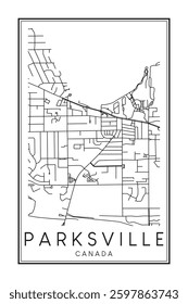 Hand drawn printable downtown road map poster of the Canadian city of PARKSVILLE on solid white background with city name