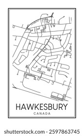 Hand drawn printable downtown road map poster of the Canadian city of HAWKESBURY on solid white background with city name