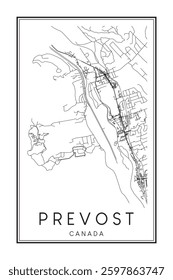 Hand drawn printable downtown road map poster of the Canadian city of PREVOST on solid white background with city name