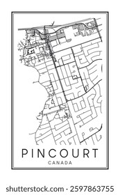 Hand drawn printable downtown road map poster of the Canadian city of PINCOURT on solid white background with city name