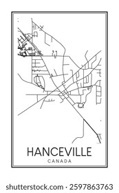 Hand drawn printable downtown road map poster of the Canadian city of HANCEVILLE on solid white background with city name