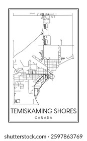 Hand drawn printable downtown road map poster of the Canadian city of TEMISKAMING SHORES on solid white background with city name