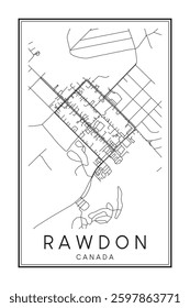 Hand drawn printable downtown road map poster of the Canadian city of RAWDON on solid white background with city name