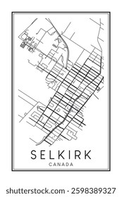 Hand drawn printable downtown road map poster of the Canadian town of SELKIRK on solid white background with town name