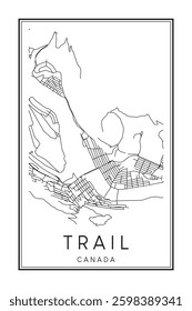 Hand drawn printable downtown road map poster of the Canadian town of TRAIL on solid white background with town name