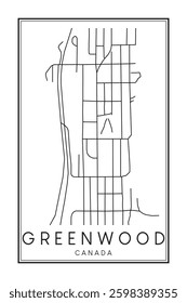 Hand drawn printable downtown road map poster of the Canadian town of GREENWOOD on solid white background with town name
