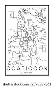 Hand drawn printable downtown road map poster of the Canadian town of COATICOOK on solid white background with town name