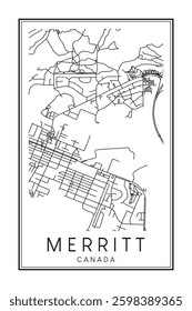 Hand drawn printable downtown road map poster of the Canadian town of MERRITT on solid white background with town name