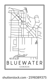 Hand drawn printable downtown road map poster of the Canadian town of BLUEWATER on solid white background with town name