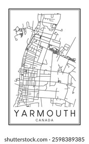 Hand drawn printable downtown road map poster of the Canadian town of YARMOUTH on solid white background with town name