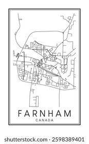 Hand drawn printable downtown road map poster of the Canadian town of FARNHAM on solid white background with town name
