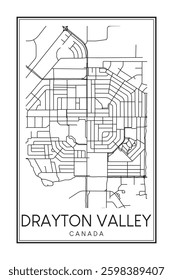 Hand drawn printable downtown road map poster of the Canadian town of DRAYTON VALLEY on solid white background with town name