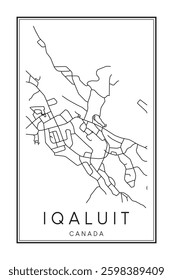 Hand drawn printable downtown road map poster of the Canadian town of IQALUIT on solid white background with town name