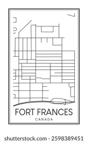 Hand drawn printable downtown road map poster of the Canadian town of FORT FRANCES on solid white background with town name