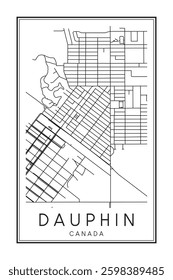 Hand drawn printable downtown road map poster of the Canadian town of DAUPHIN on solid white background with town name
