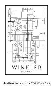 Hand drawn printable downtown road map poster of the Canadian town of WINKLER on solid white background with town name