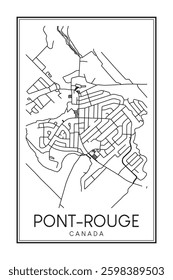 Hand drawn printable downtown road map poster of the Canadian town of PONT-ROUGE on solid white background with town name