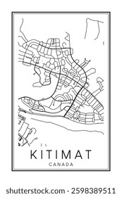 Hand drawn printable downtown road map poster of the Canadian town of KITIMAT on solid white background with town name