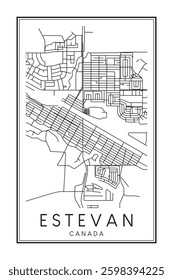 Hand drawn printable downtown road map poster of the Canadian town of ESTEVAN on solid white background with town name