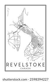 Hand drawn printable downtown road map poster of the Canadian town of REVELSTOKE on solid white background with town name