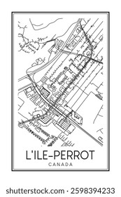 Hand drawn printable downtown road map poster of the Canadian town of L'ILE-PERROT on solid white background with town name