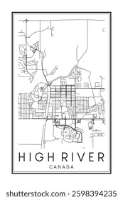 Hand drawn printable downtown road map poster of the Canadian town of HIGH RIVER on solid white background with town name