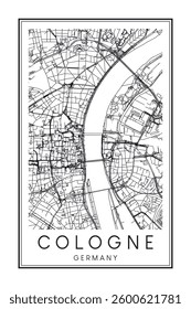 Hand drawn printable downtown road map poster of the German city of COLOGNE on solid white background with city name
