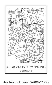 Hand drawn printable downtown road map poster of the German city quarter of MUNICH-ALLACH-UNTERMENZING on solid white background with city name