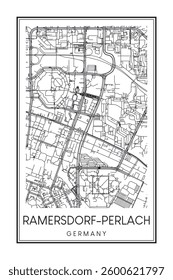 Hand drawn printable downtown road map poster of the German city quarter of MUNICH-RAMERSDORF-PERLACH on solid white background with city name