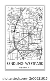 Hand drawn printable downtown road map poster of the German city quarter of MUNICH-SENDLING-WESTPARK on solid white background with city name