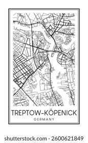 Hand drawn printable downtown road map poster of the German city quarter of BERLIN-TREPTOW-KÖPENICK on solid white background with city name