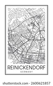 Hand drawn printable downtown road map poster of the German city quarter of BERLIN-REINICKENDORF on solid white background with city name