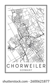 Hand drawn printable downtown road map poster of the German city quarter of COLOGNE-CHORWEILER on solid white background with city name