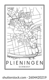 Hand drawn printable downtown road map poster of borough PLIENINGEN of the German city of STUTTGART on solid white background with city name